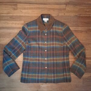 Vintage Evan Picone Light Jacket Fleece Corduroy Collar Wood Blend Plaid Print 6